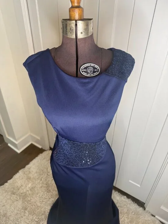 Navy Blue, Sequined Waist and Shoulder, Formal Evening Gown, Cap Sleeve, Size 6 - Picture 3 of 8